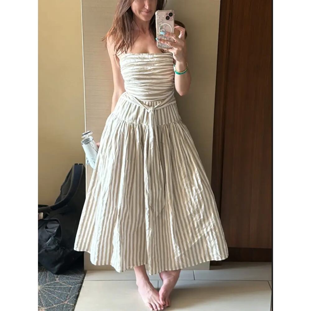 Toccin Brown Stripe Fit and Flare Midi Dress Size 12 Cotton Ruched Designer $475 - Picture 2 of 11
